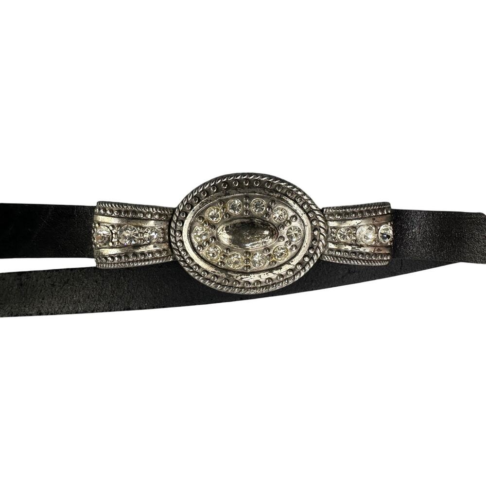 Chico's Black Leather Belt Rhinestone Oval Buckle Western Glam